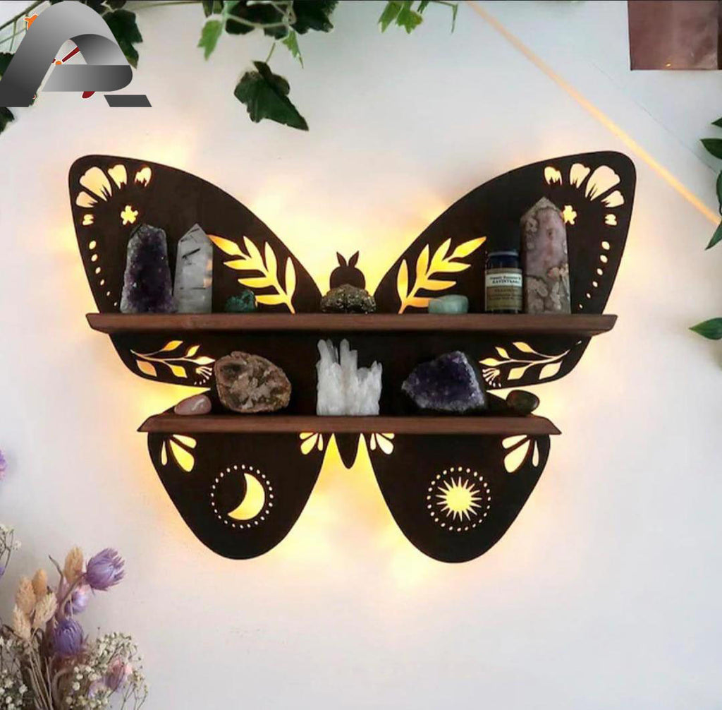 Butterfly Design Wooden Wall Shelf With Back Light