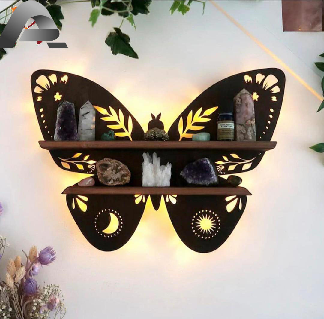 Butterfly Design Wooden Wall Shelf With Back Light