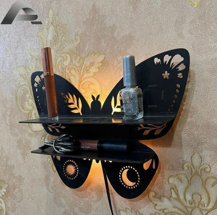 Butterfly Design Wooden Wall Shelf With Back Light