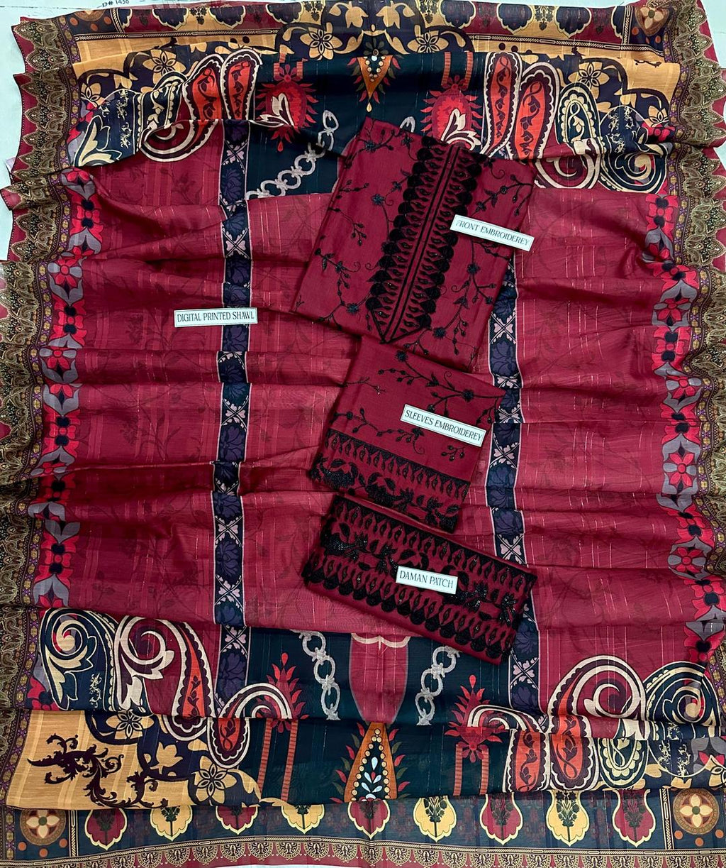 3 Pcs Women's Unstitched Sequins Embroidered Suit