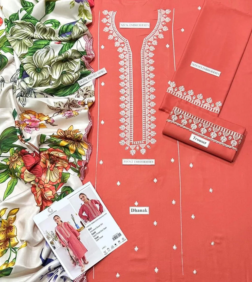 3 Pcs Women's Unstitched Embroidered Suit