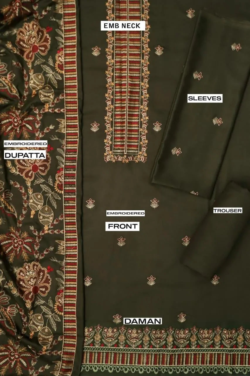 3 Pcs Women's Unstitched Embroidered Suit