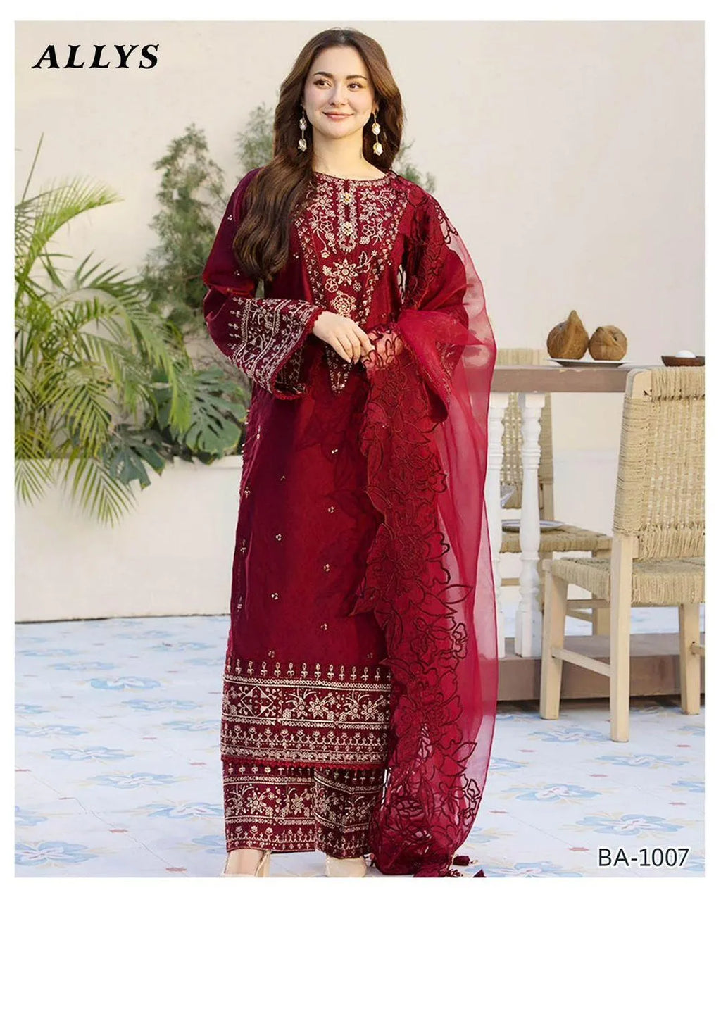 Chic Red Embroidered Suit Set with Organza Dupatta – 3 Pcs