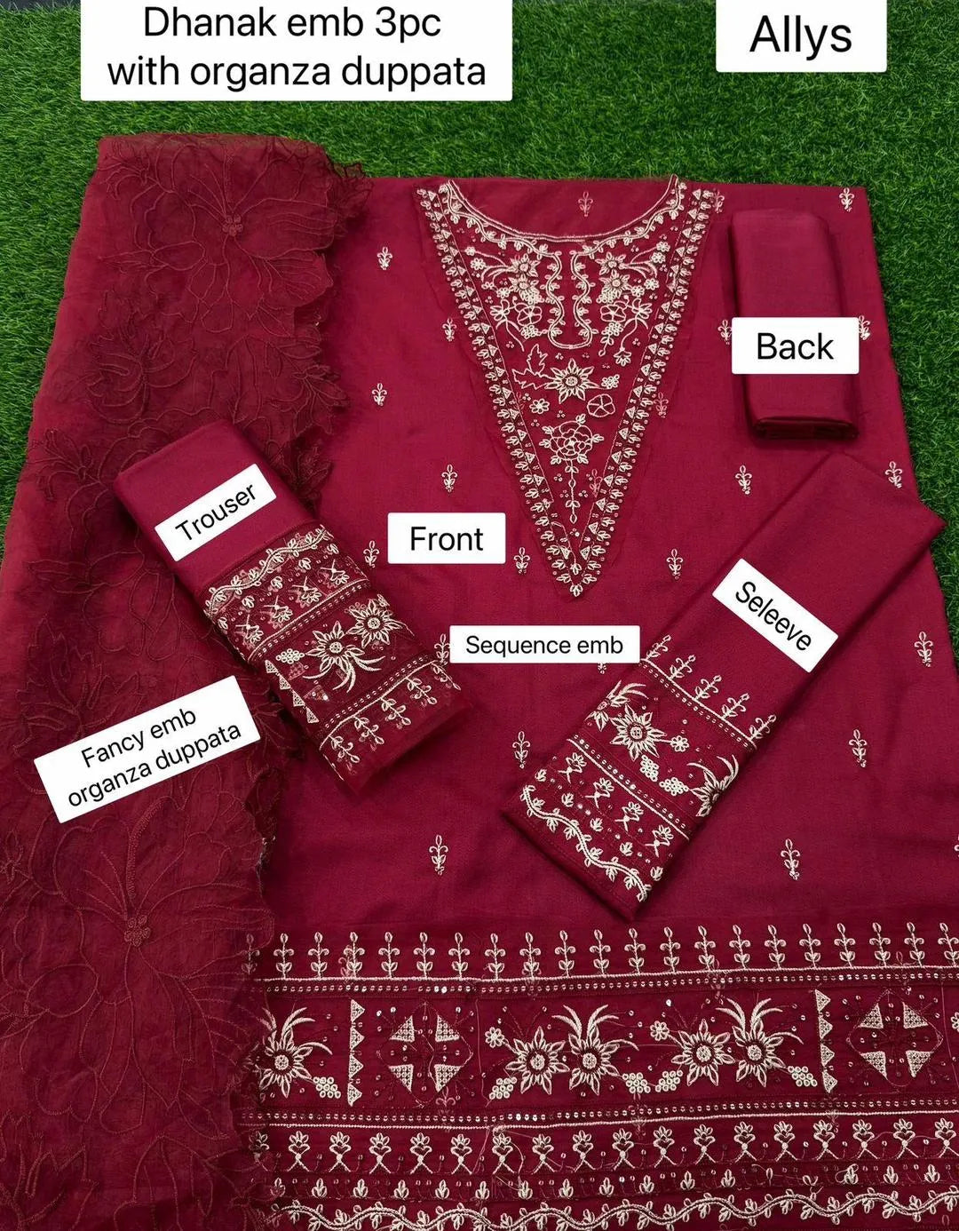 Chic Red Embroidered Suit Set with Organza Dupatta – 3 Pcs