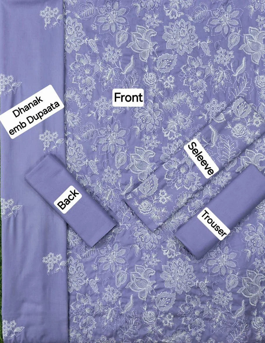 Stunning Purple Embroidered Suit Set - 3 Pcs - Dhanak Fabric