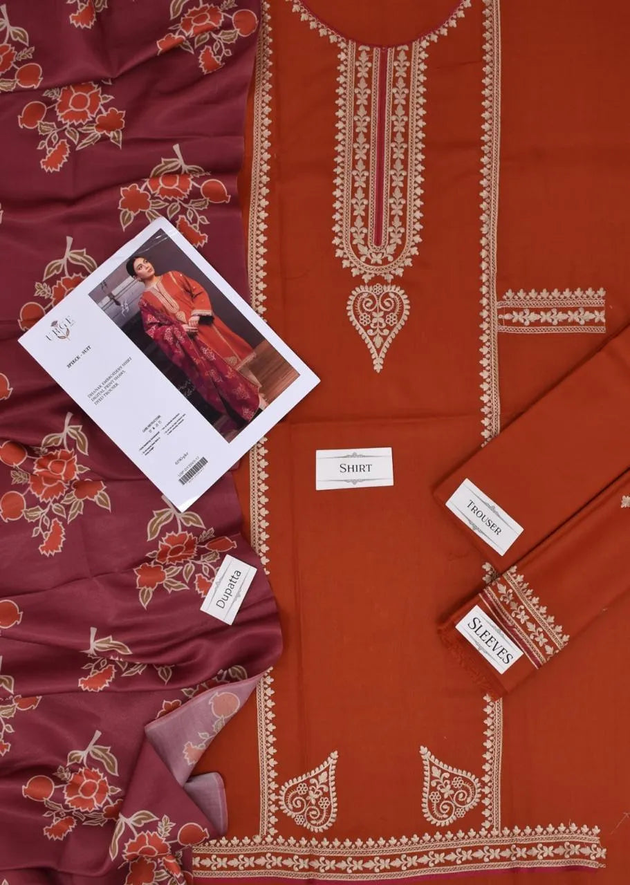 3 Pcs Women's Unstitched Embroidered Suit