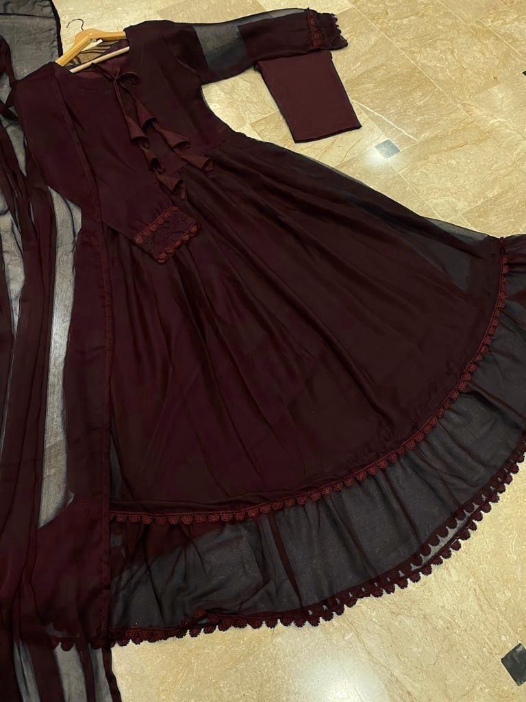 3 Pcs Women's Stitched Chiffon Embroidered  Maxi Suit